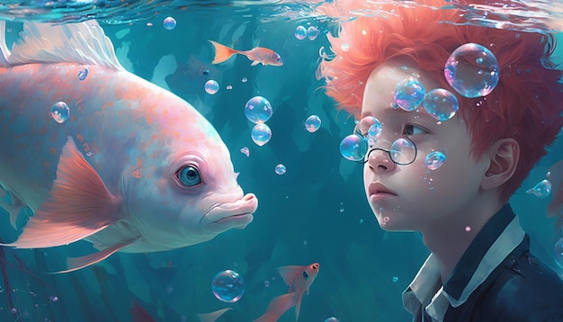 Boy with fish glowing pink hair Ai generated art