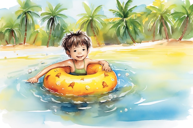 A boy with floaty playing on the beach watercolor illustration