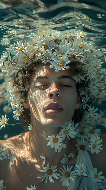 a boy with flowers in his hair and the sun is reflected in the water