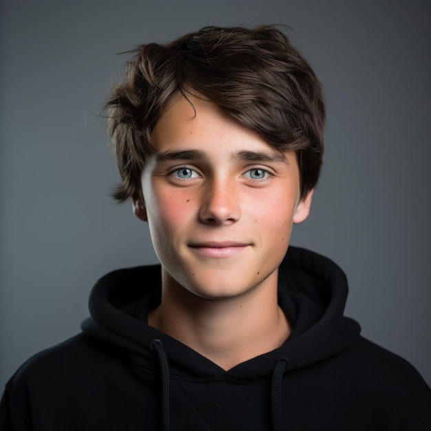 A boy with freckles and blue eyes wearing a black hoodie