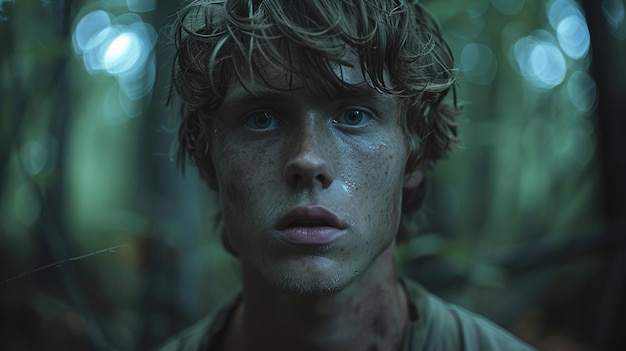 a boy with freckles and a freckles is standing in front of a forest