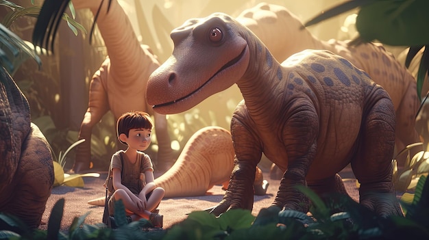 Boy with friendly dinosaurs digital art illustration Generative AI