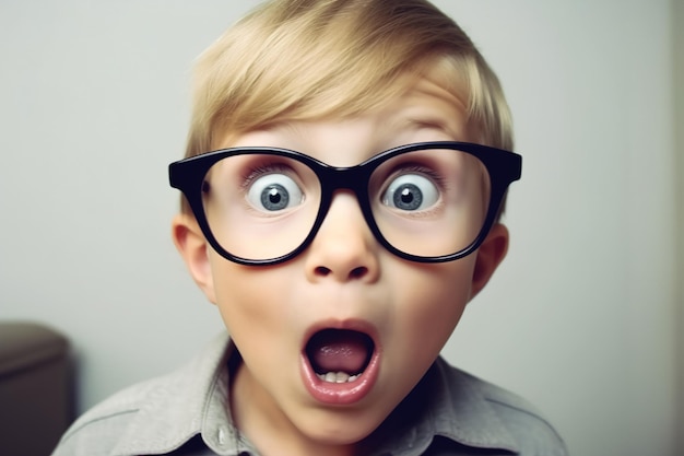 A boy with glasses and a big mouth is looking surprised.