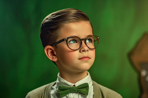 A boy with glasses and a green background