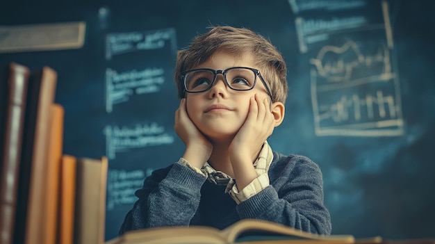 Photo a boy with glasses looking at a book with the words quot do you want to know quot