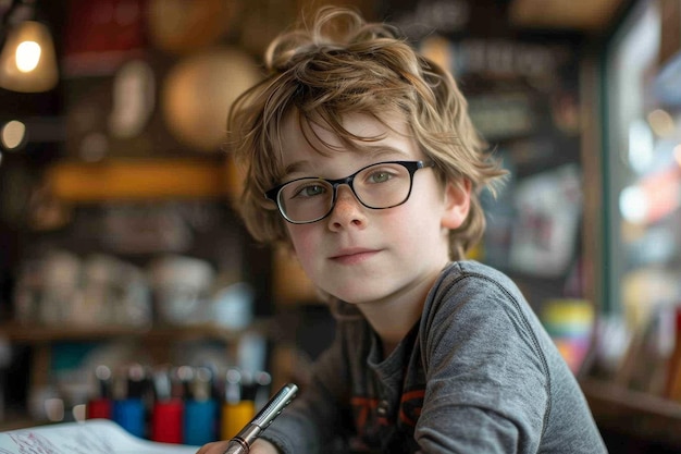 A boy with glasses and a pen in his hand does schoolwork