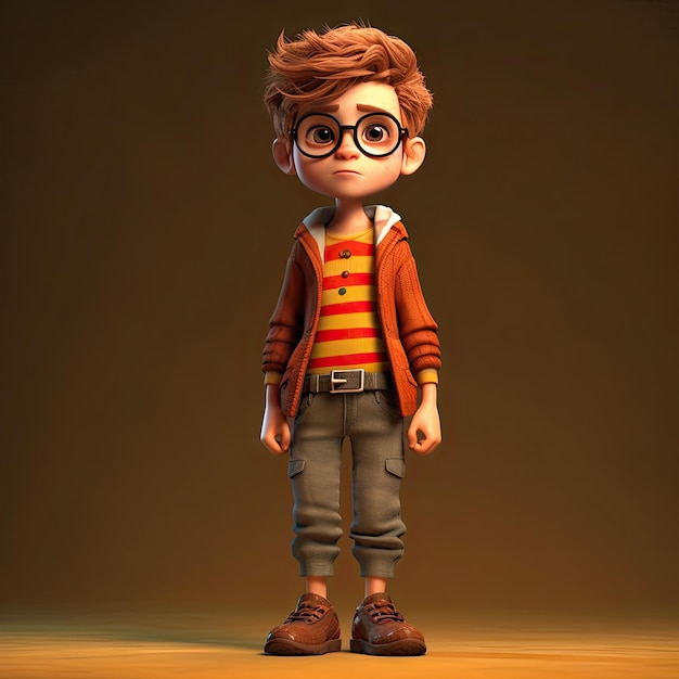 A boy with glasses and a striped shirt stands in a dark room.