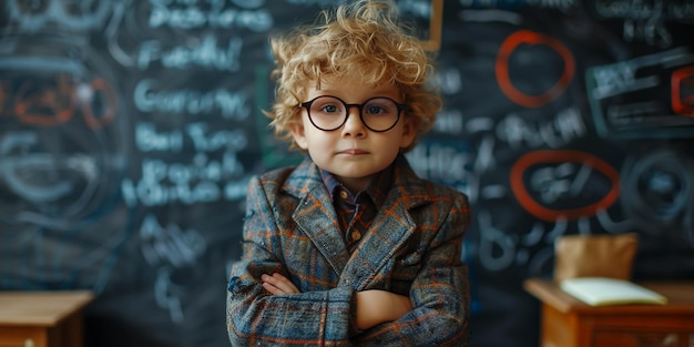 Photo a boy with glasses and a sweater with his arms crossed