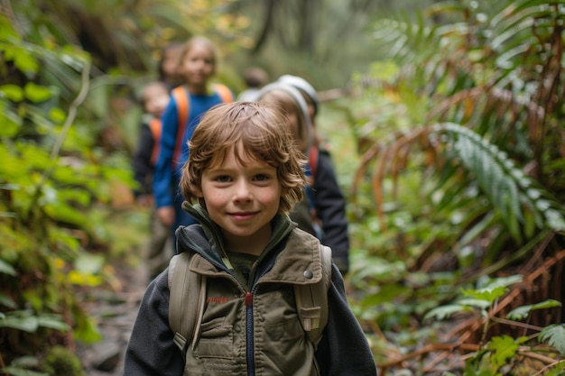 Photo a boy with a green jacket and a brown jacket is walking through a forest