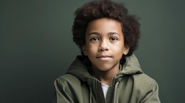 A boy with a green jacket on stands in front of a green background.