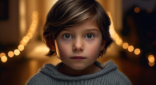 A boy with a grey sweater and brown eyes looks at the camera.