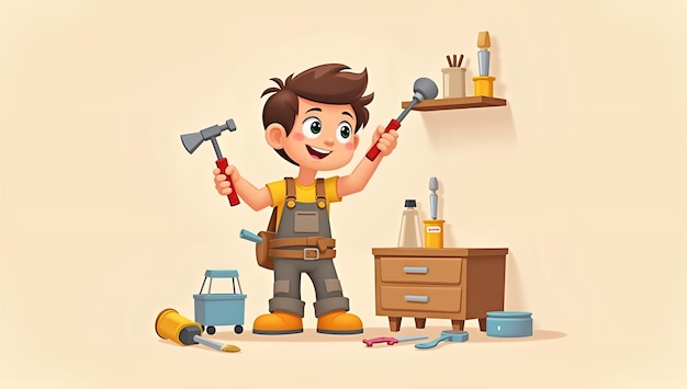 Photo a boy with a hammer and a sink with a brush