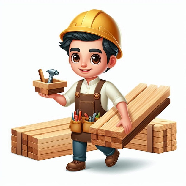 a boy with a hard hat holding a wooden block of wood