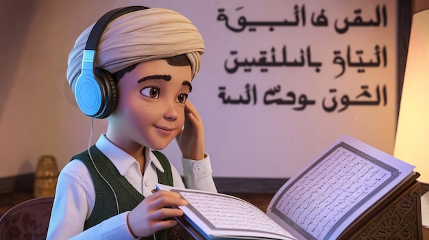 Photo a boy with headphones reading a book with the words quot the word quot in the background