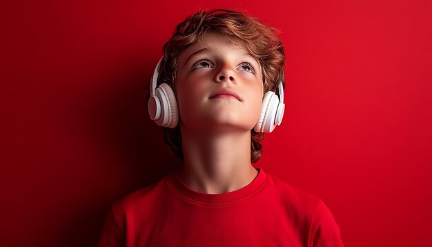 Photo a boy with headphones on and a red background