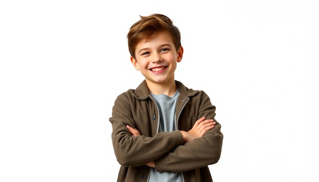 a boy with his arms crossed and smiling