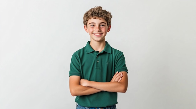 Photo a boy with his arms crossed and wearing a green polo shirt