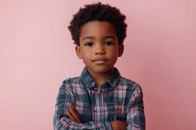 a boy with his arms crossed and wearing a plaid shirt