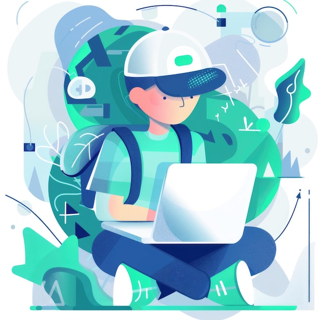 Photo a boy with a laptop flat design illustration cartoon