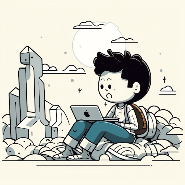 a boy with a laptop on his lap and a city in the background