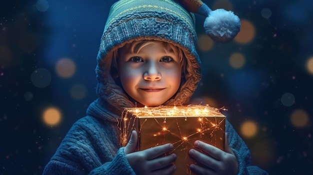 Boy with magic Christmas box Illustration AI GenerativexA