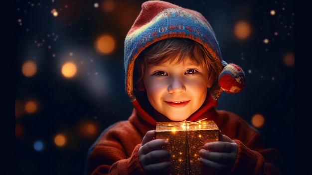 Boy with magic Christmas box Illustration AI GenerativexA