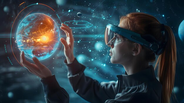 Photo a boy with a mask and glasses holding a planet with the universe around him