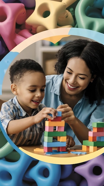 Boy with mom playing in colorful building kit