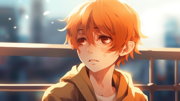 A boy with an orange hair looks at the camera