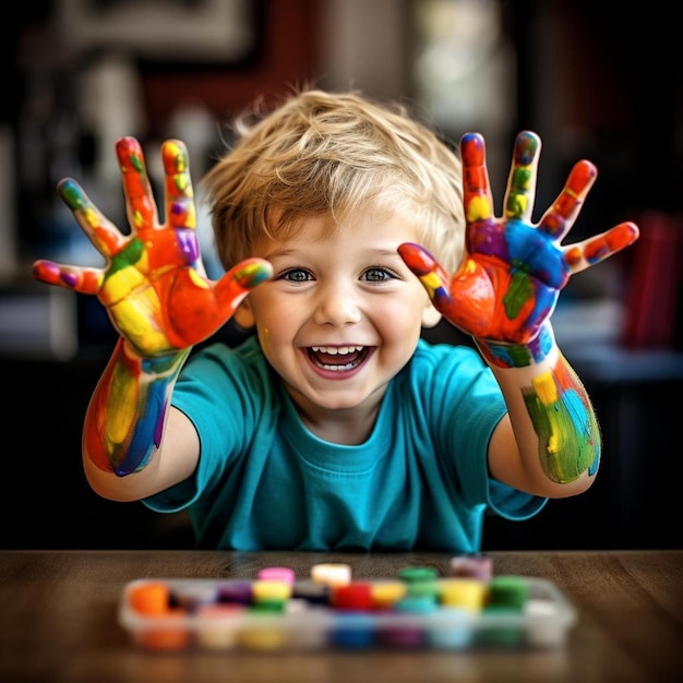 A boy with painted hands and the word " painted " on it.