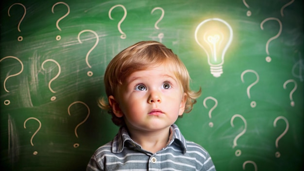 a boy with a question mark on his face is looking at a question mark