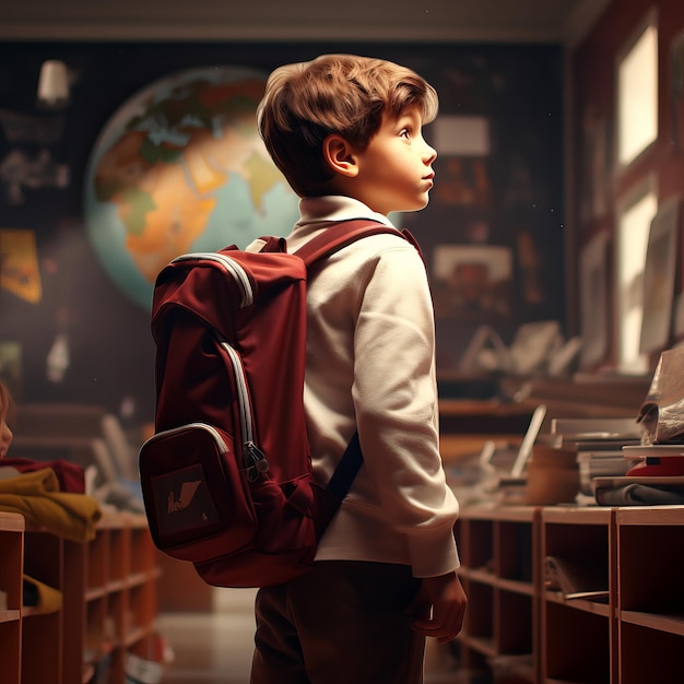 a boy with a red backpack stands in front of a globe back to school