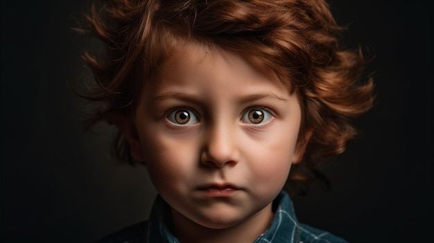 A boy with red hair and a blue shirt with the word " on it "