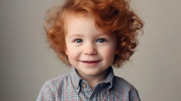 A boy with red hair and a plaid shirt smiles at the camera