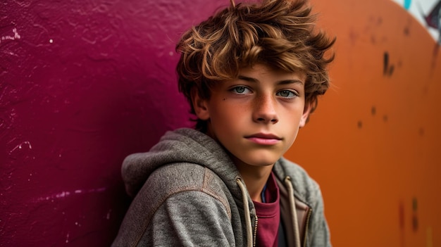 A boy with a red shirt and a grey hoodie sits against a pink wall.