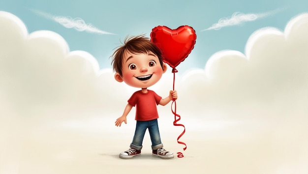 a boy with a red shirt and a red heart in his hand