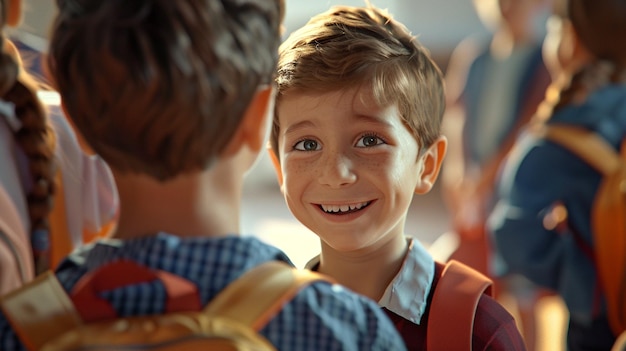 a boy with a red vest is smiling with a smile on his face