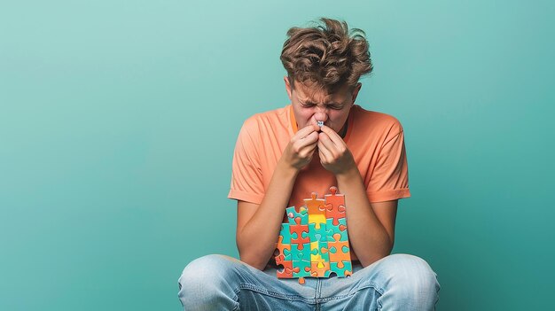 a boy with a shirt that says  the puzzle  on his face