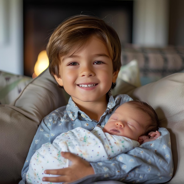 Photo a boy with a smile on his face is holding a baby