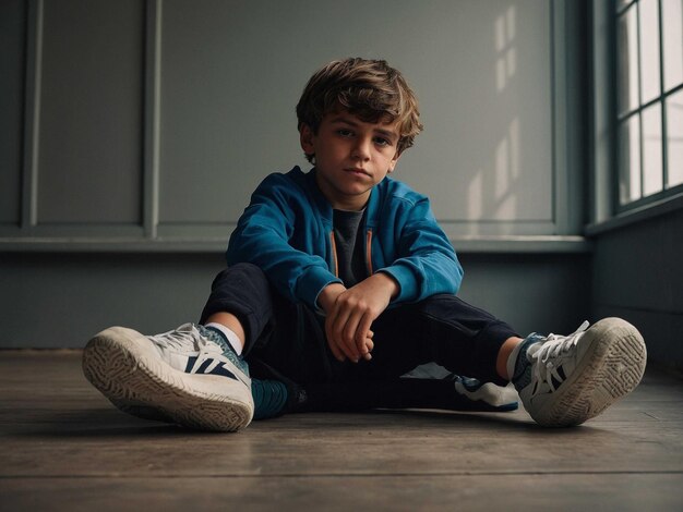 Photo a boy with sneakers sitting with one leg crossed over_0