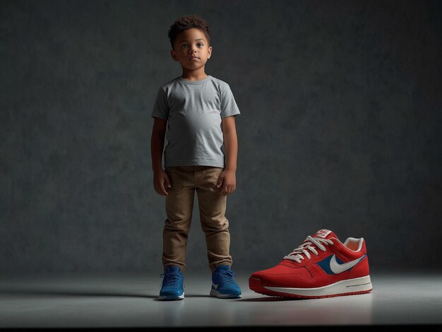 Photo a boy with sneakers standing with one hand on chin and_2