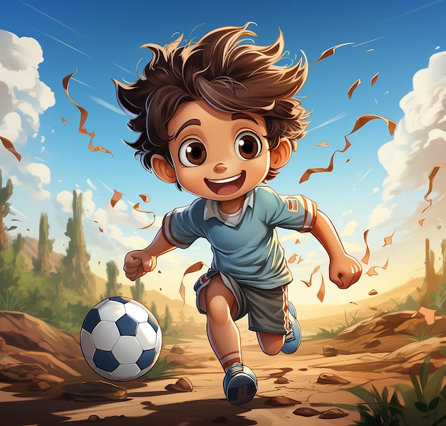 a boy with a soccer ball and a boy with a blue shirt is playing with a soccer ball