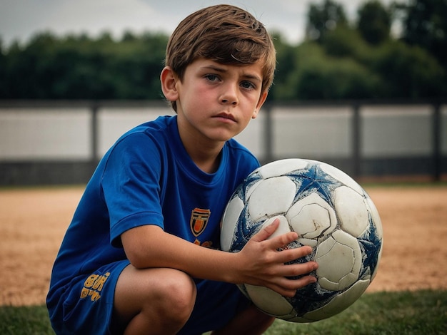 Photo a boy with a soccer ball leaning forward with hands cl_2