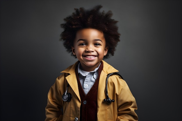 A boy with a stethoscope on his neck smiles for the camera.