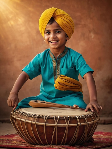 a boy with a turban on his head sits on a drum