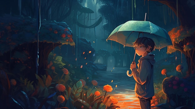 A boy with an umbrella in the rain