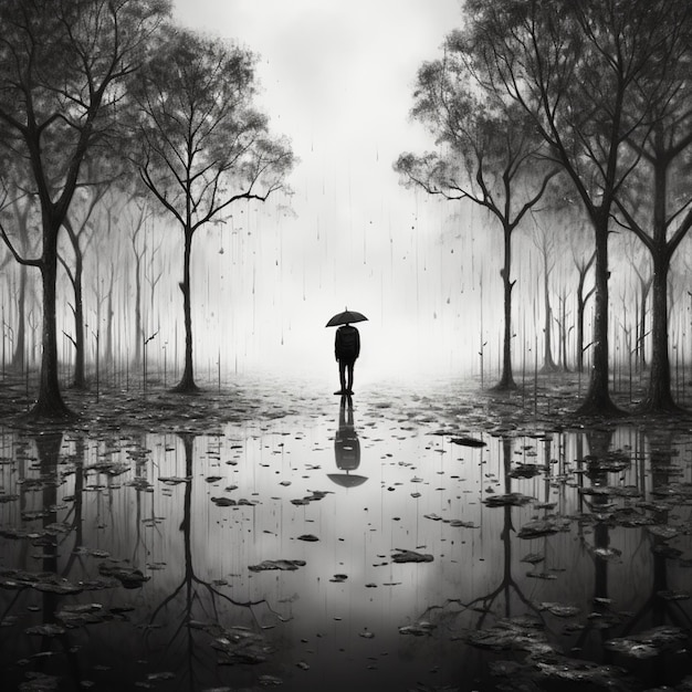 Photo boy with umbrella standing by tree in the rain