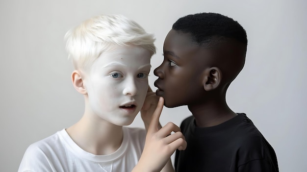 Photo a boy with a white face and a black shirt that says quot the boy is kissing the cheek quot