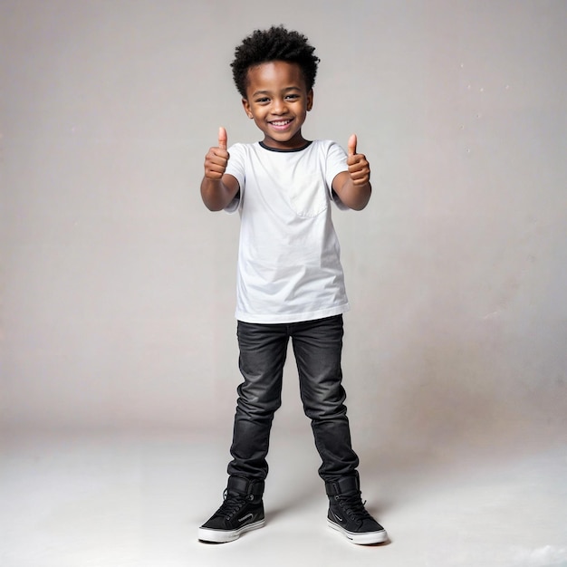 a boy with a white shirt that says quot he is giving a thumbs up quot