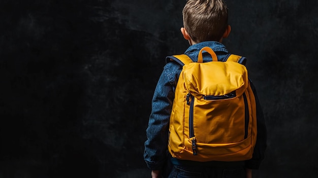 a boy with a yellow backpack stands against a black background